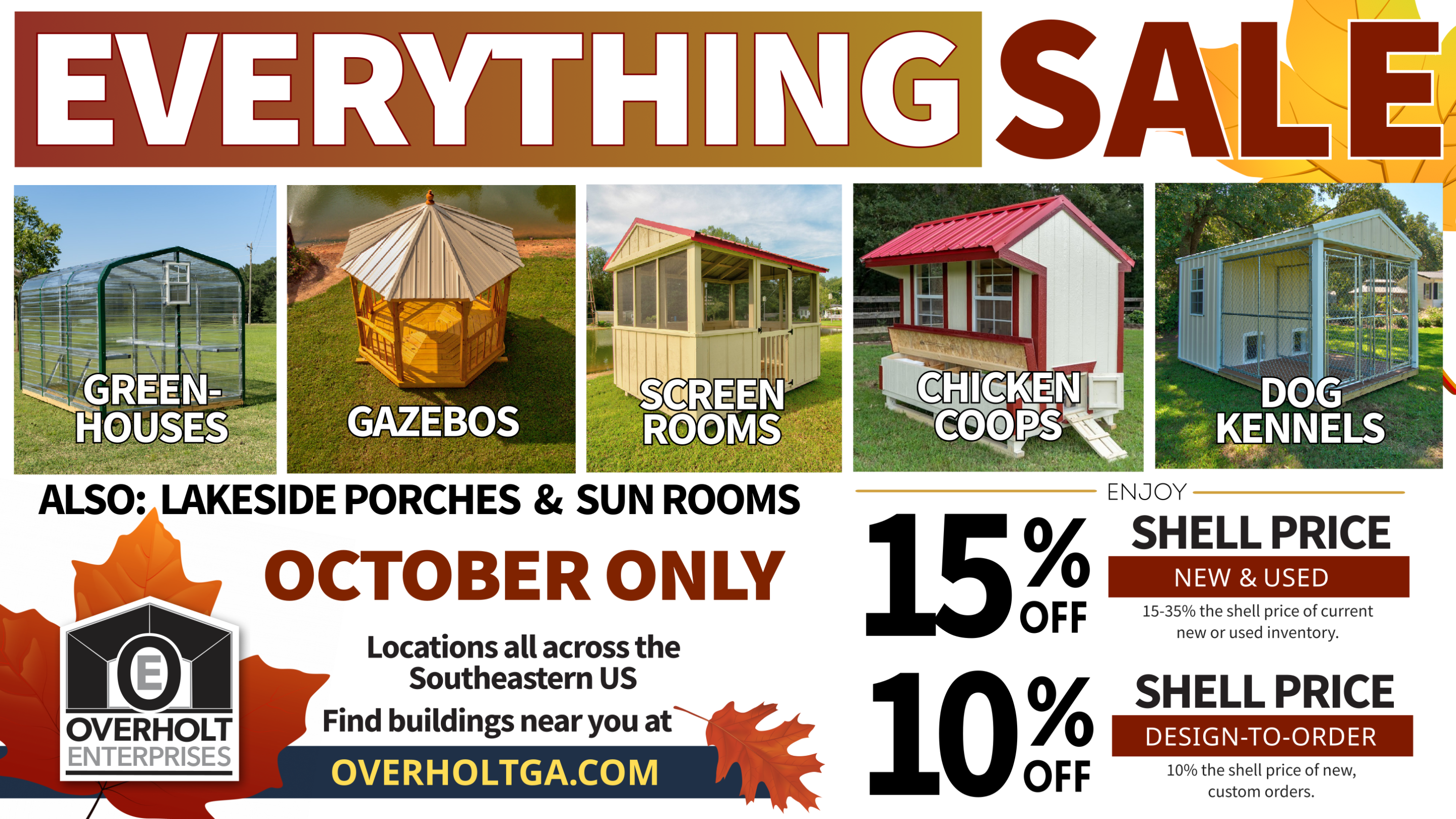fall everything sale bto 15 inv 10 dto greenhouses, chicken coops, gazebos, screens rooms, dog kennels sale